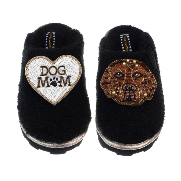 laines london Teddy Closed Toe Slippers With Rocco The Chocolate Lab & Dog Mum / Mom Brooches