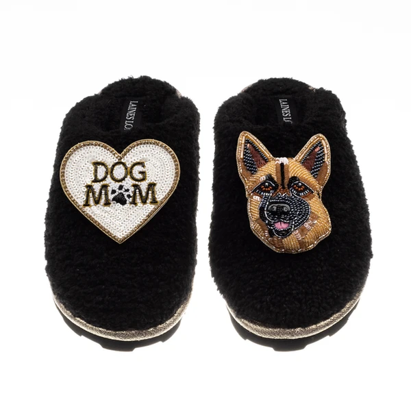 Laines London Teddy Closed Toe Slippers With Roxy The German Shepherd & Dog Mum/Mom Brooches