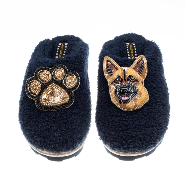 Laines London Teddy Closed Toe Slippers With Roxy The German Shepherd & Paw Brooches