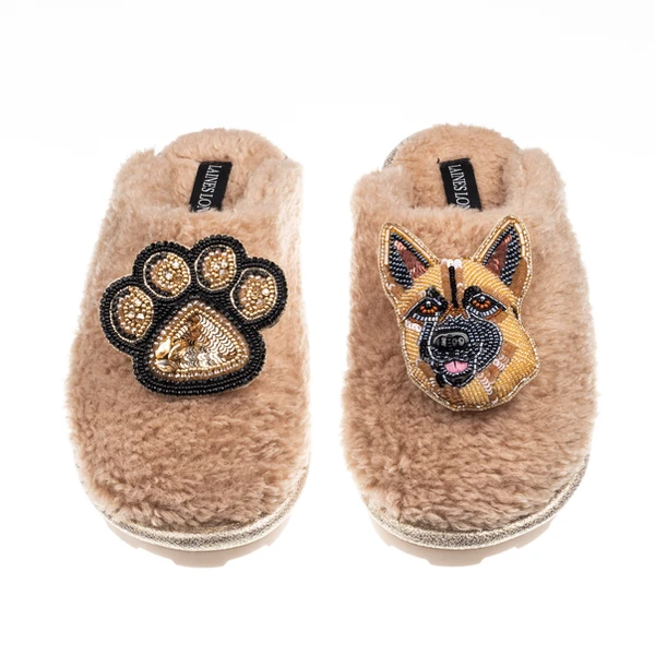 Laines London Teddy Closed Toe Slippers With Roxy The German Shepherd & Paw Brooches