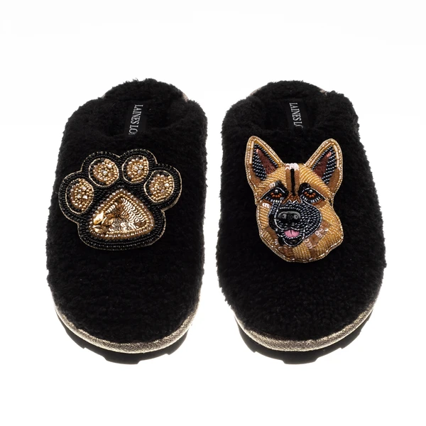 Laines London Teddy Closed Toe Slippers With Roxy The German Shepherd & Paw Brooches