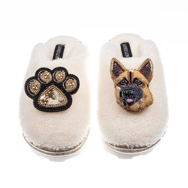 laines london Teddy Closed Toe Slippers With Roxy The German Shepherd & Paw Brooches