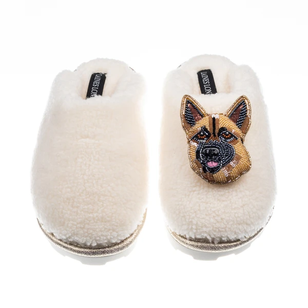Laines London Teddy Closed Toe Slippers With Roxy The German Shepherd Brooch