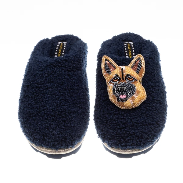 Laines London Teddy Closed Toe Slippers With Roxy The German Shepherd Brooch