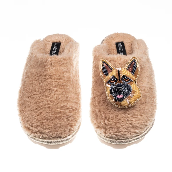 Laines London Teddy Closed Toe Slippers With Roxy The German Shepherd Brooch