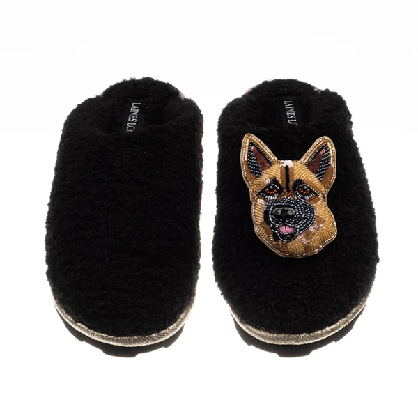laines london Teddy Closed Toe Slippers With Roxy The German Shepherd Brooch