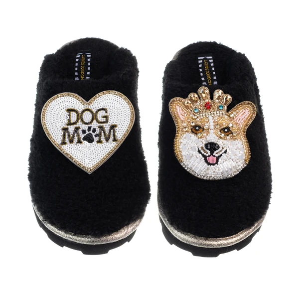 Laines London Teddy Closed Toe Slippers With Royal Corgi & Dog Mum / Mom Brooches