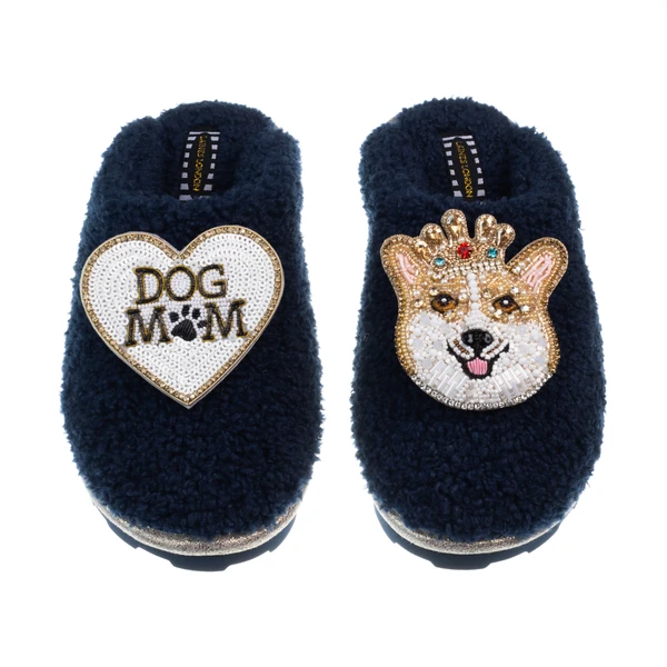 Laines London Teddy Closed Toe Slippers With Royal Corgi & Dog Mum / Mom Brooches