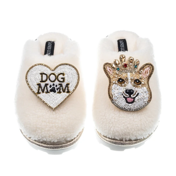 Laines London Teddy Closed Toe Slippers With Royal Corgi & Dog Mum / Mom Brooches