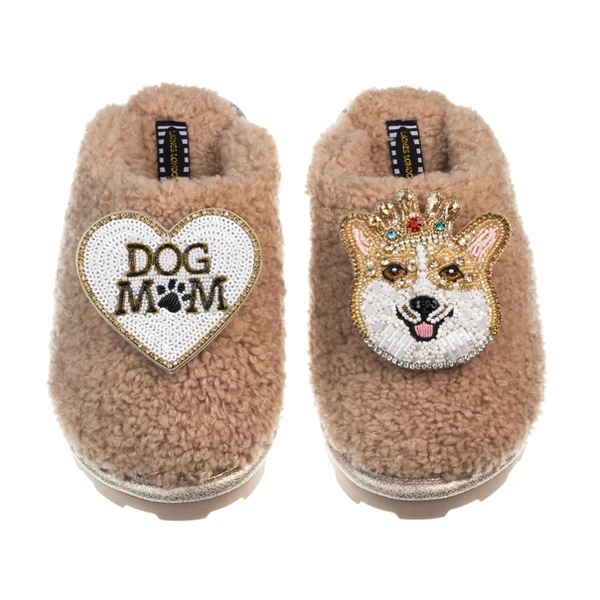 laines london Teddy Closed Toe Slippers With Royal Corgi & Dog Mum / Mom Brooches