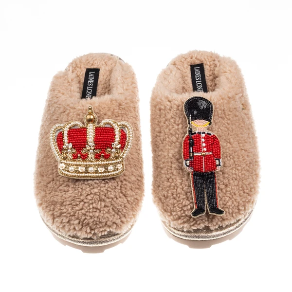 Laines London Teddy Closed Toe Slippers With Royal Crown & Grenadier Guard Brooches