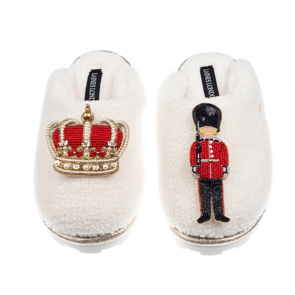 Laines London Teddy Closed Toe Slippers With Royal Crown & Grenadier Guard Brooches