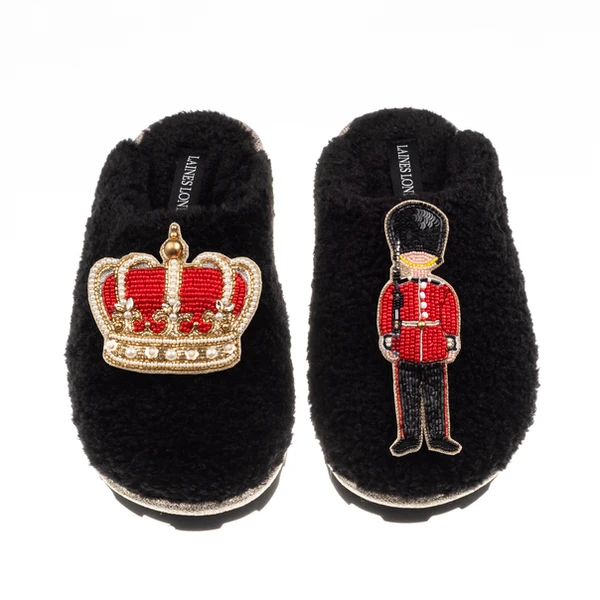 Laines London Teddy Closed Toe Slippers With Royal Crown & Grenadier Guard Brooches