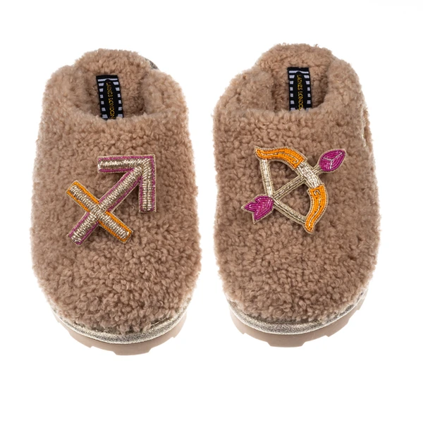 Laines London Teddy Closed Toe Slippers With Sagittarius Star Sign Brooches