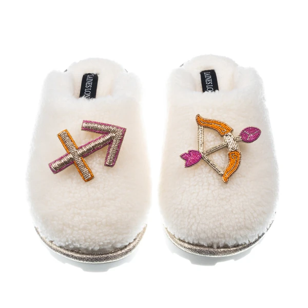 Laines London Teddy Closed Toe Slippers With Sagittarius Star Sign Brooches
