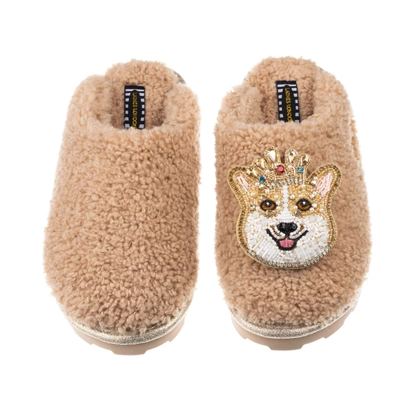 Laines London Teddy Closed Toe Slippers With Sandy The Corgi Brooch