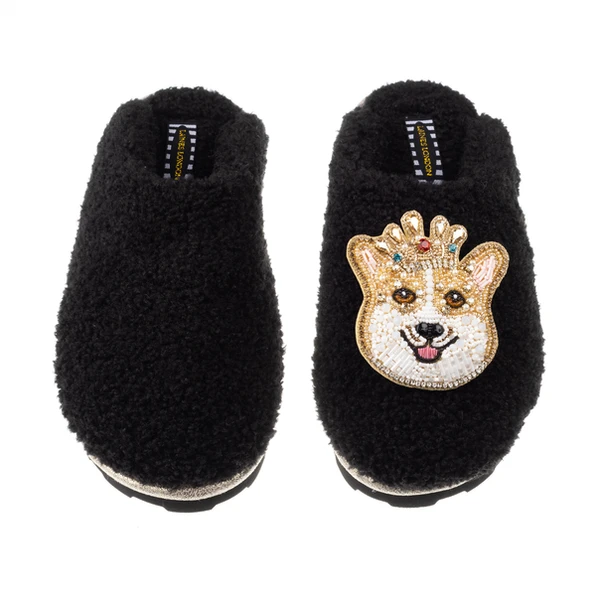 Laines London Teddy Closed Toe Slippers With Sandy The Corgi Brooch
