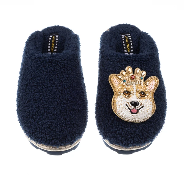 Laines London Teddy Closed Toe Slippers With Sandy The Corgi Brooch