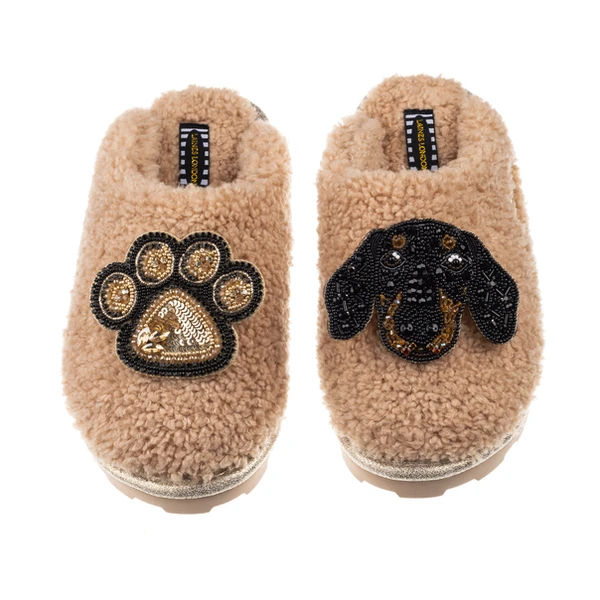 Laines London Teddy Closed Toe Slippers With Sausage & Paw Brooches