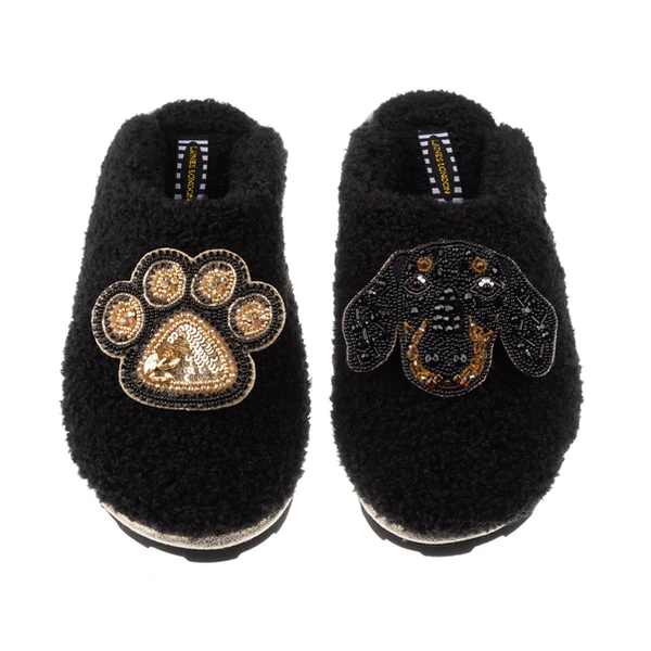 Laines London Teddy Closed Toe Slippers With Sausage & Paw Brooches