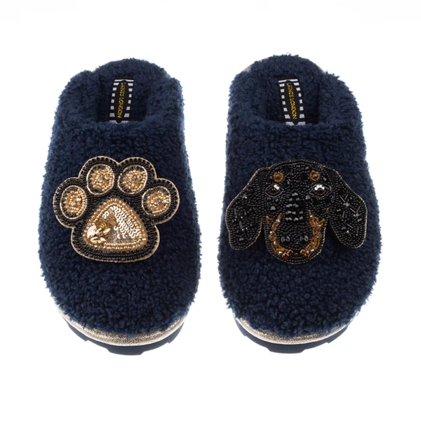Laines London Teddy Closed Toe Slippers With Sausage & Paw Brooches