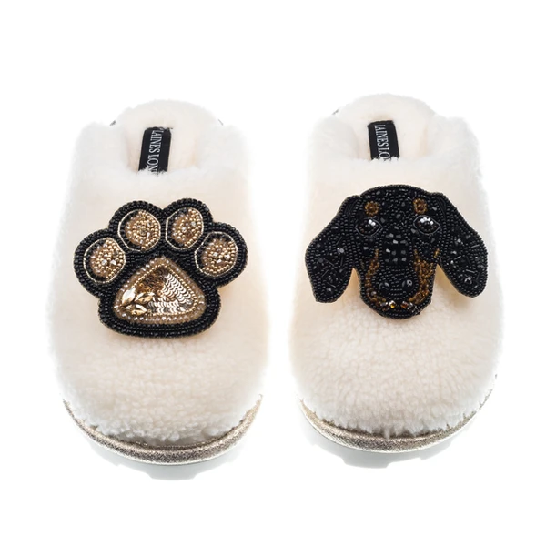 laines london Teddy Closed Toe Slippers With Sausage & Paw Brooches