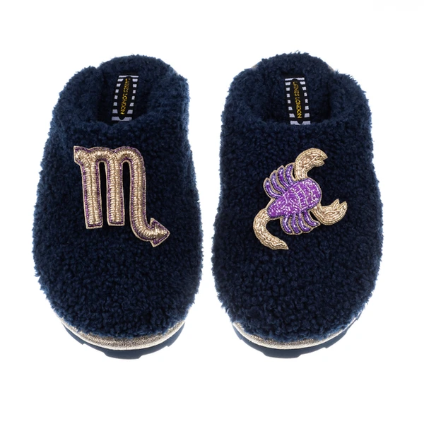 Laines London Teddy Closed Toe Slippers With Scorpio Star Sign Brooches