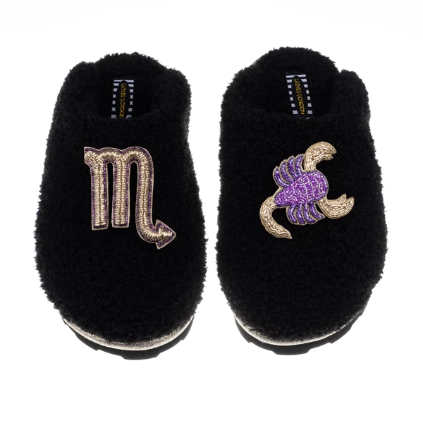 Laines London Teddy Closed Toe Slippers With Scorpio Star Sign Brooches