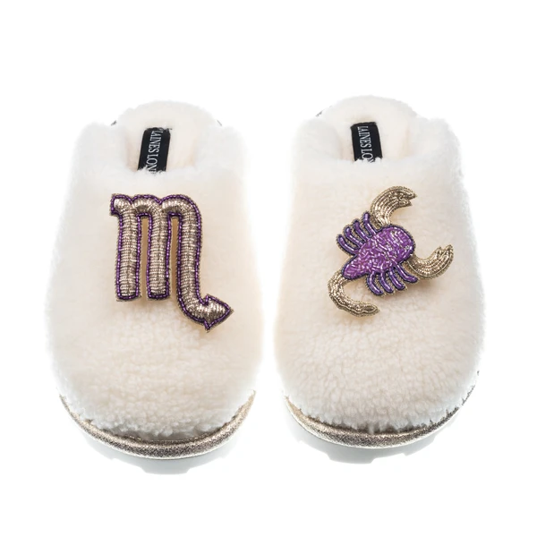 Laines London Teddy Closed Toe Slippers With Scorpio Star Sign Brooches