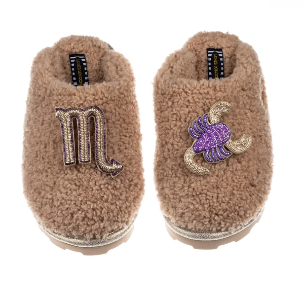 laines london Teddy Closed Toe Slippers With Scorpio Star Sign Brooches
