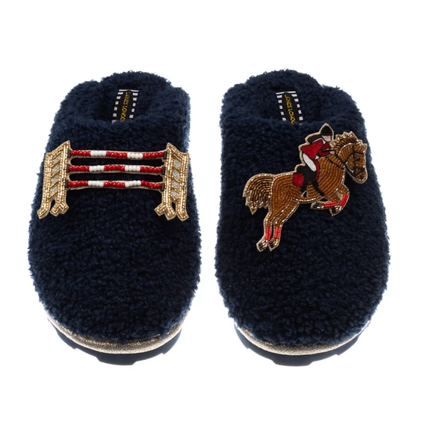 Laines London Teddy Closed Toe Slippers With Show Jump Horse Brooches