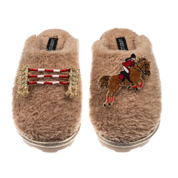 Laines London Teddy Closed Toe Slippers With Show Jump Horse Brooches