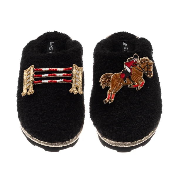 Laines London Teddy Closed Toe Slippers With Show Jump Horse Brooches