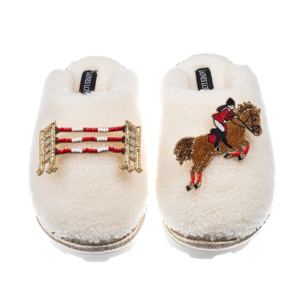 laines london Teddy Closed Toe Slippers With Show Jump Horse Brooches
