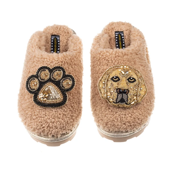 Laines London Teddy Closed Toe Slippers With Skip & Paw Brooches