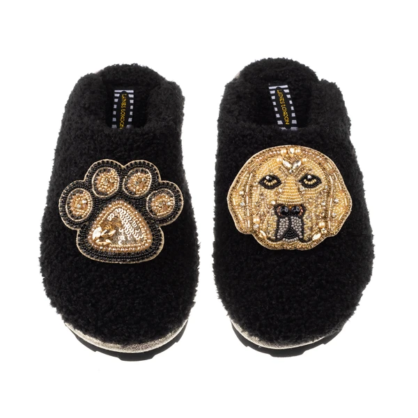 Laines London Teddy Closed Toe Slippers With Skip & Paw Brooches