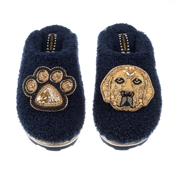 Laines London Teddy Closed Toe Slippers With Skip & Paw Brooches
