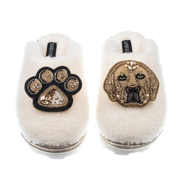 laines london Teddy Closed Toe Slippers With Skip & Paw Brooches