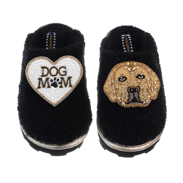 Laines London Teddy Closed Toe Slippers With Skip The Golden Lab & Dog Mum / Mom Brooches