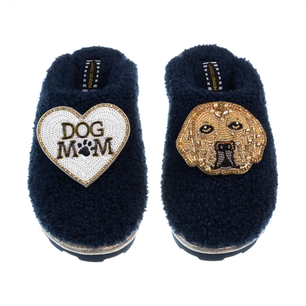 Laines London Teddy Closed Toe Slippers With Skip The Golden Lab & Dog Mum / Mom Brooches