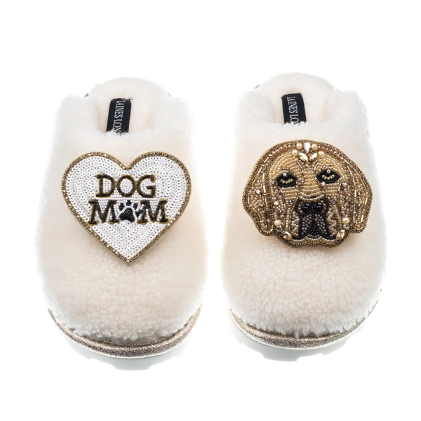 Laines London Teddy Closed Toe Slippers With Skip The Golden Lab & Dog Mum / Mom Brooches