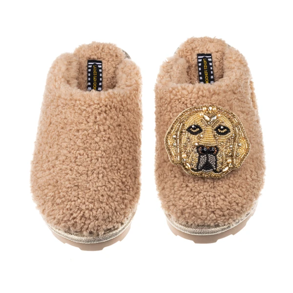 Laines London Teddy Closed Toe Slippers With Skip The Golden Lab Brooch