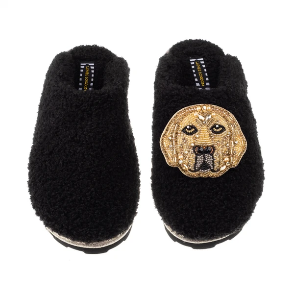 Laines London Teddy Closed Toe Slippers With Skip The Golden Lab Brooch