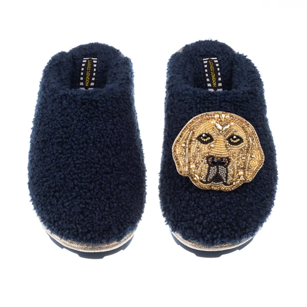 Laines London Teddy Closed Toe Slippers With Skip The Golden Lab Brooch