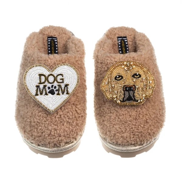 laines london Teddy Closed Toe Slippers With Skip The Golden Lab & Dog Mum / Mom Brooches