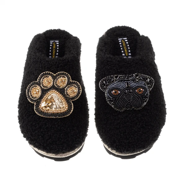 Laines London Teddy Closed Toe Slippers With Snoopy & Paw Brooches