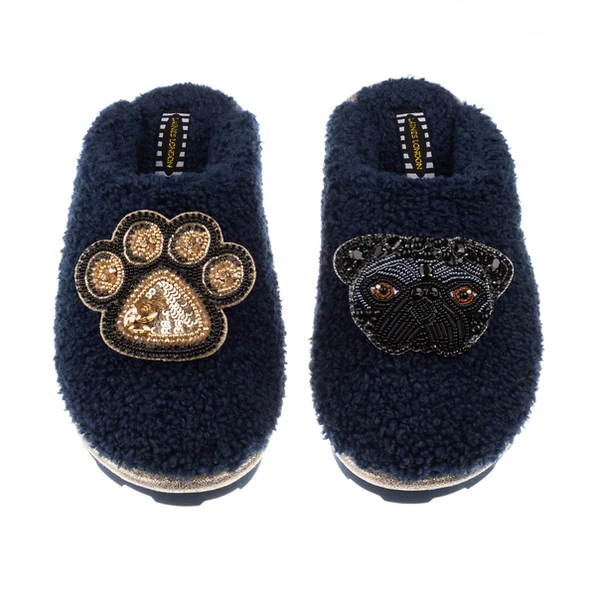 Laines London Teddy Closed Toe Slippers With Snoopy & Paw Brooches