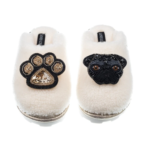 laines london Teddy Closed Toe Slippers With Snoopy & Paw Brooches