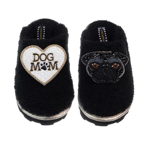 Laines London Teddy Closed Toe Slippers With Snoopy Pug & Dog Mum / Mom Brooches