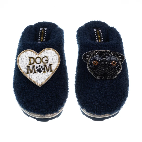 Laines London Teddy Closed Toe Slippers With Snoopy Pug & Dog Mum / Mom Brooches